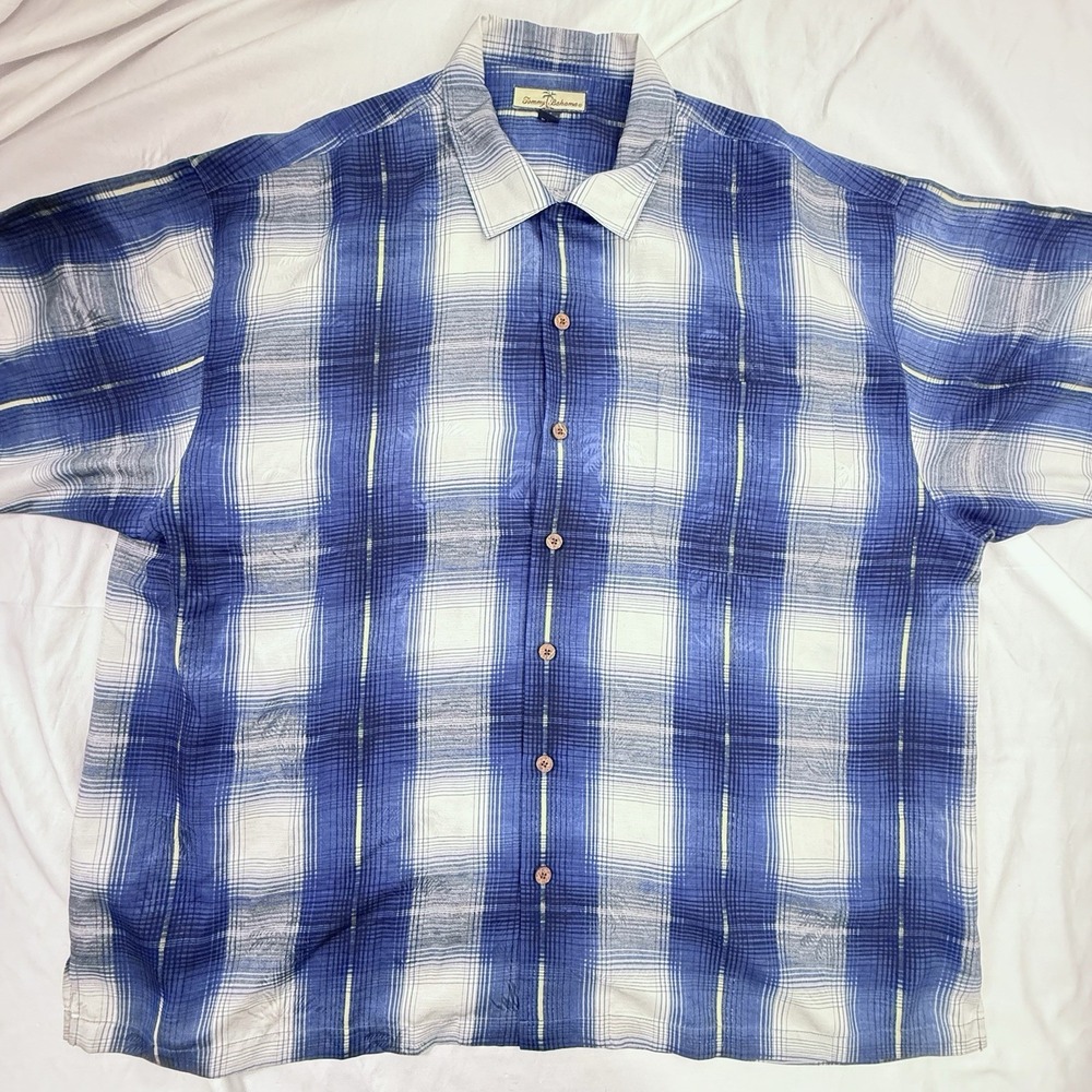 Tommy Bahama Shirt Mens 2XL Blue Plaid Short Sleeve Button Up 100% Silk Textured